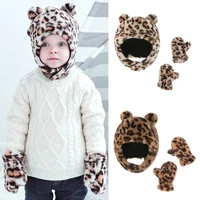 winter warm baby leopard pattern earflap hat gloves set cute ears beanies mitten kit for toddler girls boys