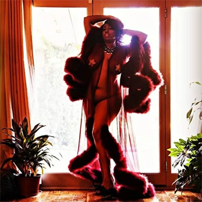 Fashion Bathrobe Women's Feather Bath Gown Tulle Illusion Long Bridal Robe Wedding Nightgown