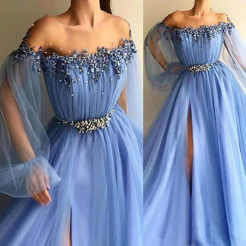 

Vkiss Store Sky Blue Long Prom Dress A Line Off Shoulder Appliques Vestido De Fiesta De Boda Custom Made Plus Size Ball Gown