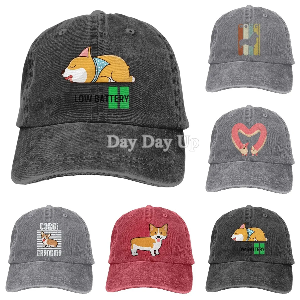 

Retro Washed Denim Cotton Baseball Cap, Unisex, Adjustable Corgi Grandma with Metal Buckle