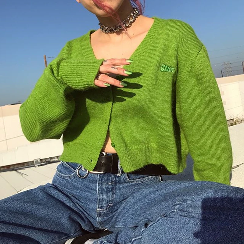 Зеленый пушистый Укороченный кардиган с пуговицами спереди, вышитый Liv свитер в стиле Харадзюку, вязаный кардиган для женщин/ от AliExpress WW
