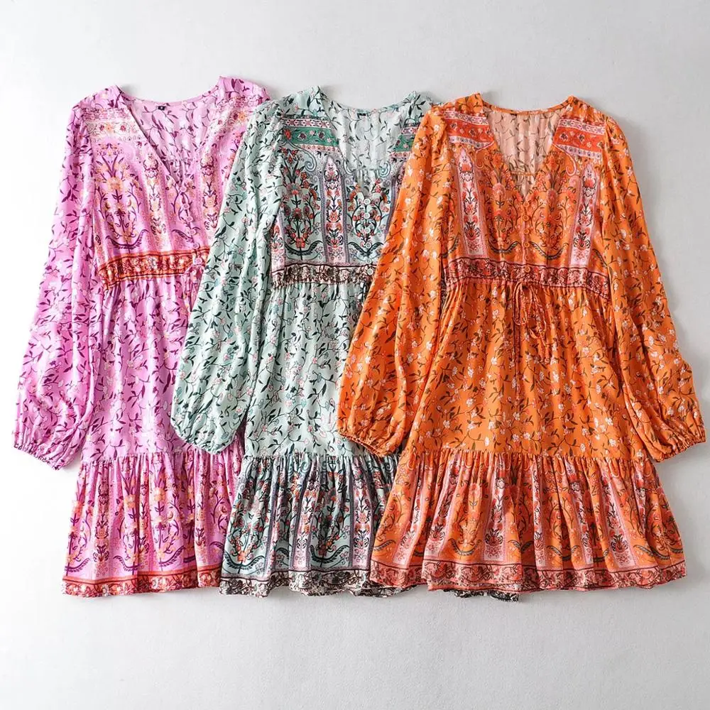 Богемное короткое платье с V-образным вырезом и цветочным принтом длинным