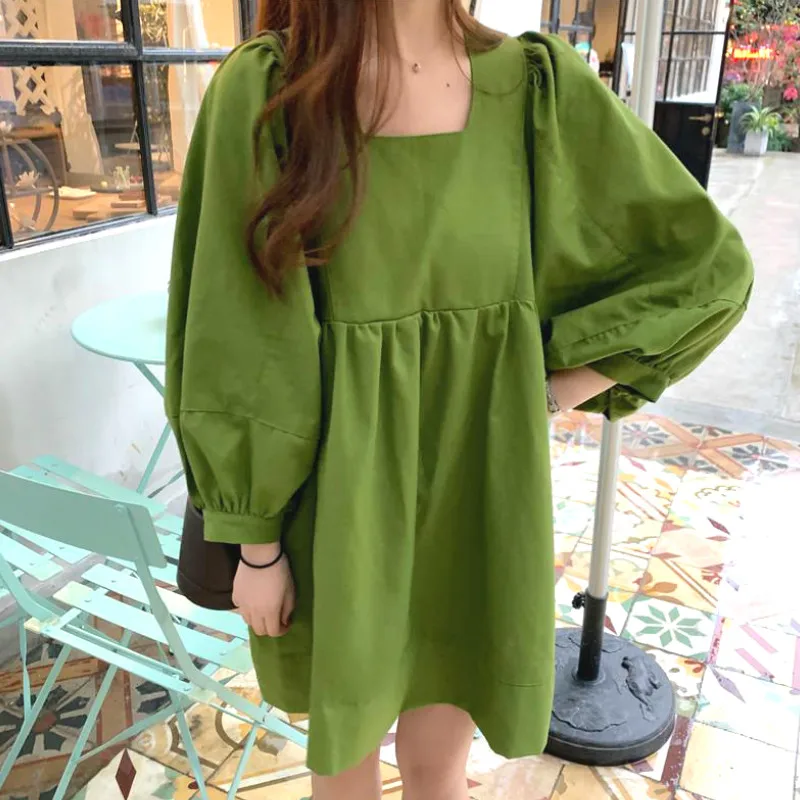 

Long Puff Sleeve Dress Women Pleated Square-collar Solid Simple Korean Mini-dresses Lovely Girls Loose Straight Fashion Vintage