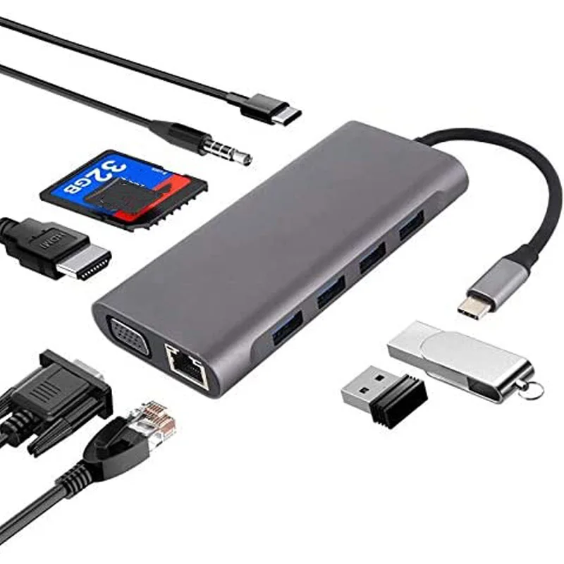 11 в 1 USB C концентратор с 4 гигабитный Ethernet VGA HDMI доставкой питания o порт SD и Micro-SD