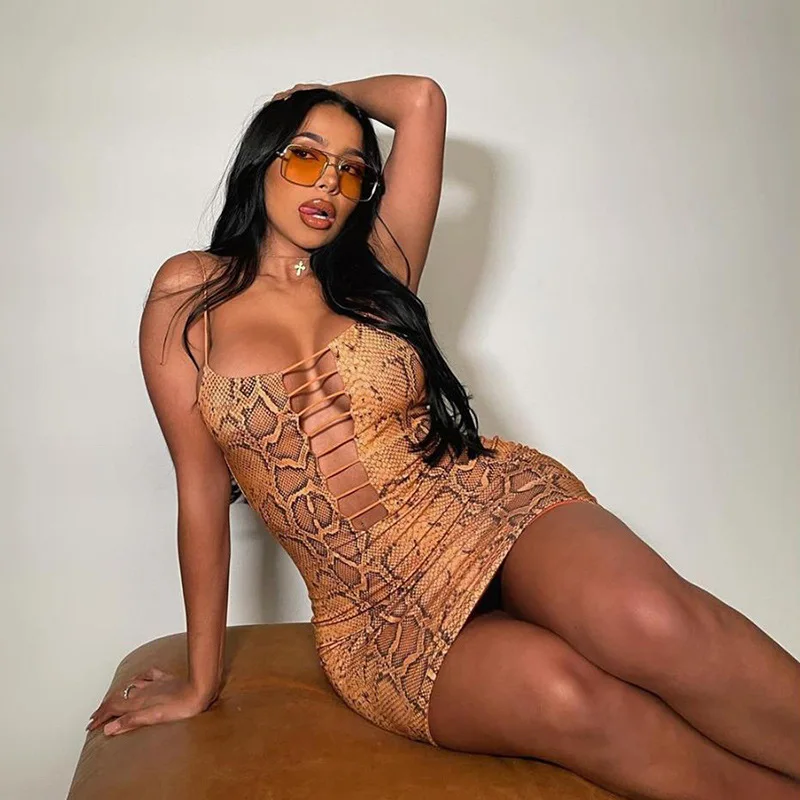 

DSMTRC Snake Print Spaghetti Strap Dress 2021 Summer Skinny Hollow Out Sexy Mini Dresses For Women Sundress Casual Streetwear