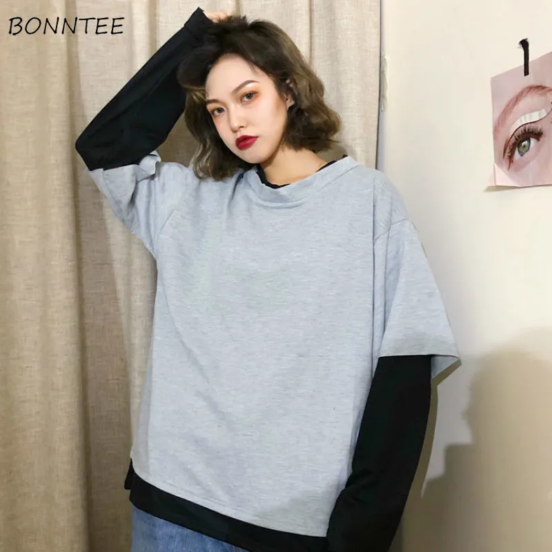 Long Sleeve T-shirts Women Gray Fake Two Pieces Chic Design Autumn Ins Aesthetic Clothes Loose New Arrival Simple 2021 College