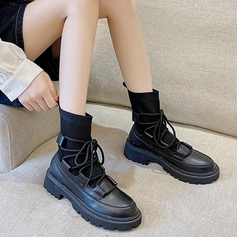 

Женские ботильоны на массивной платформе, ботинки-носки на толстой подошве со шнуровкой в стиле пэчворк, осень 2021