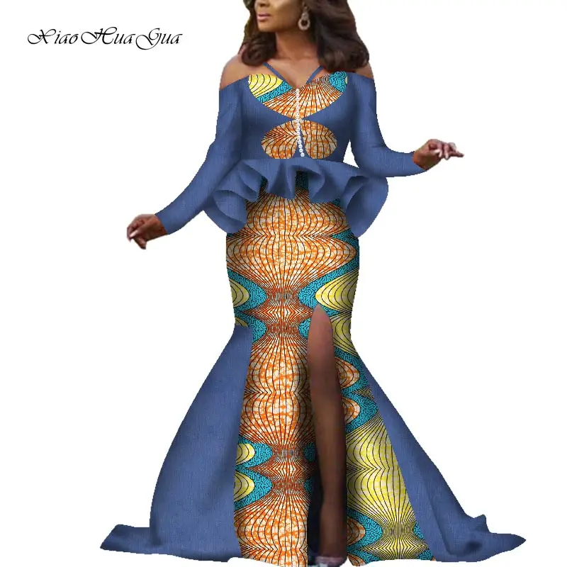 New African Outfits Beads Decration Off Shoulder Tops and Floor-length Long Mermaid Skirt Sets 2 Pieces African Clothing WY6173
