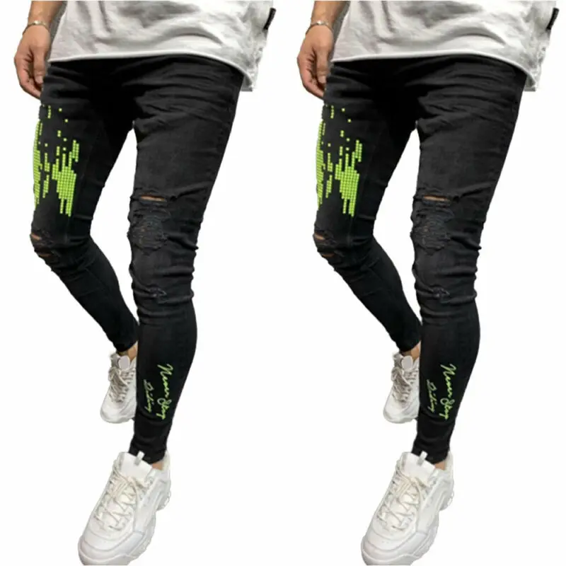

Men Skinny Denim Jeans Ripped Slim Fit Stretchy Distressed Print Pants Trousers