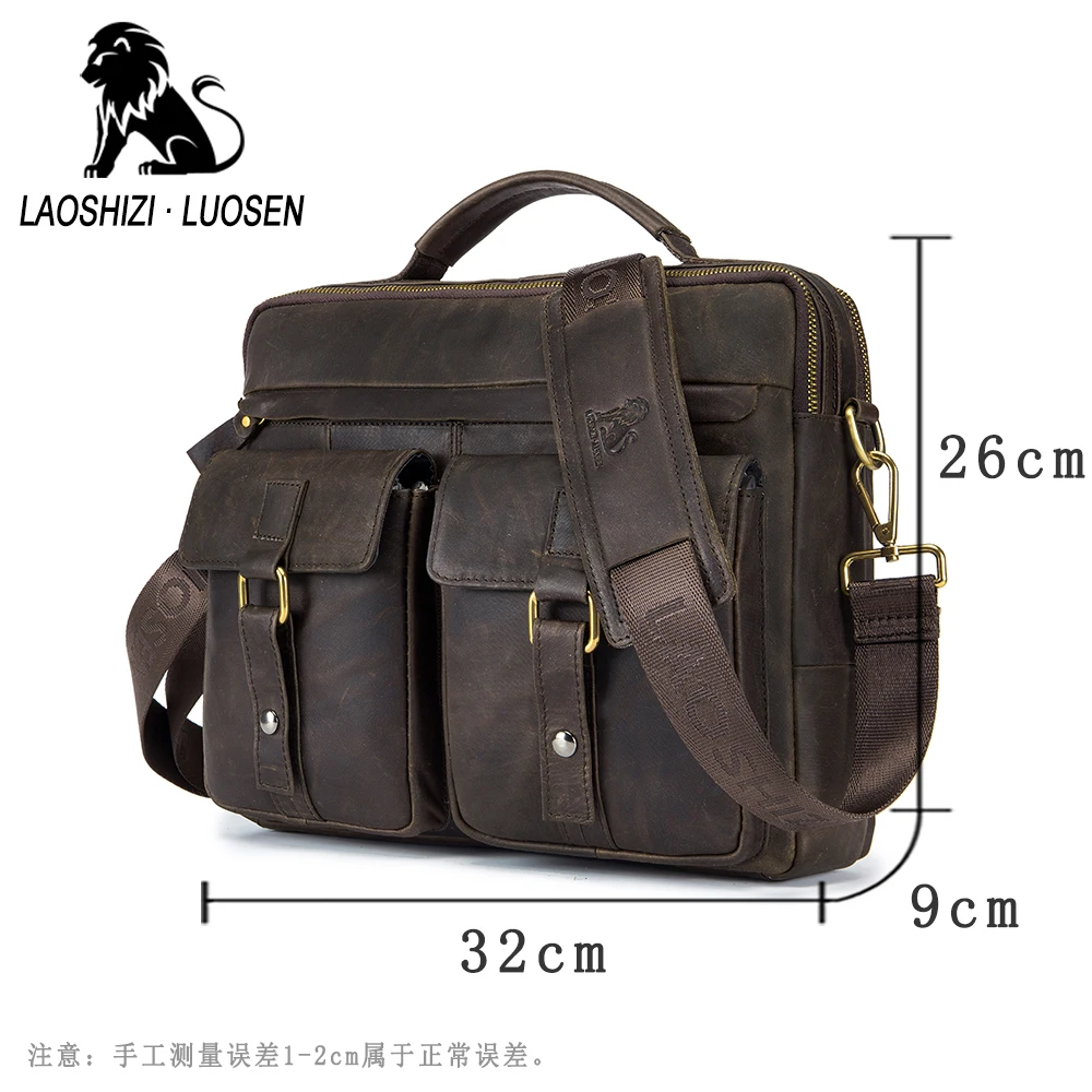 LAOSHIZI LUOSEN Vintage Men Briefcase Oil Wax Genuine Leather Tote Bag Crossbody Messenger Shoulder Bags Handbags 91501 | Багаж и сумки