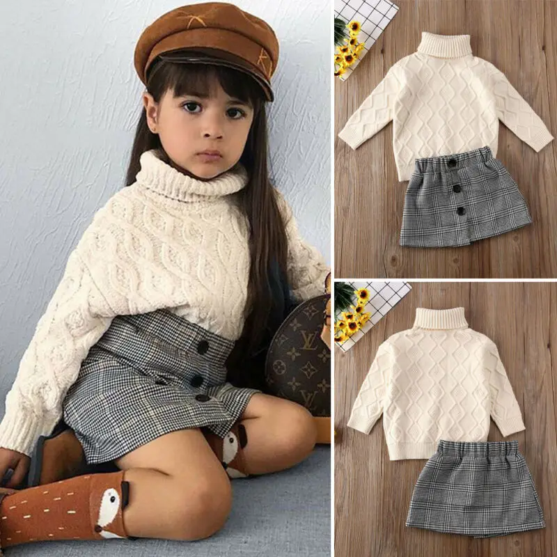 

2019 New Fashion Autumn Warm Kids Baby Girl Winter Clothes Turtleneck Knit Sweater+Mini Skirt Outfit