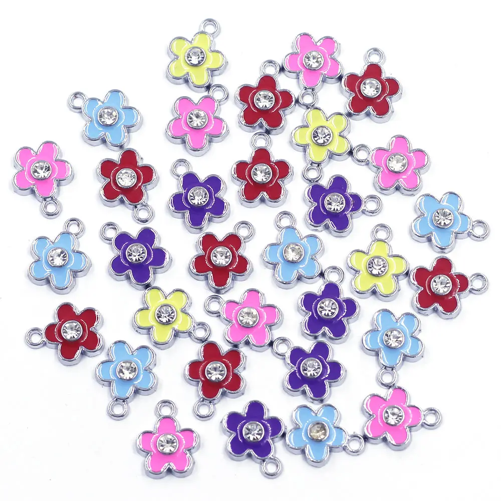 

100Pcs Pendants Mixed Silver Tone Flowers Enamel Clear Rhinestone Metal Jewelry DIY Charms 15x12mm