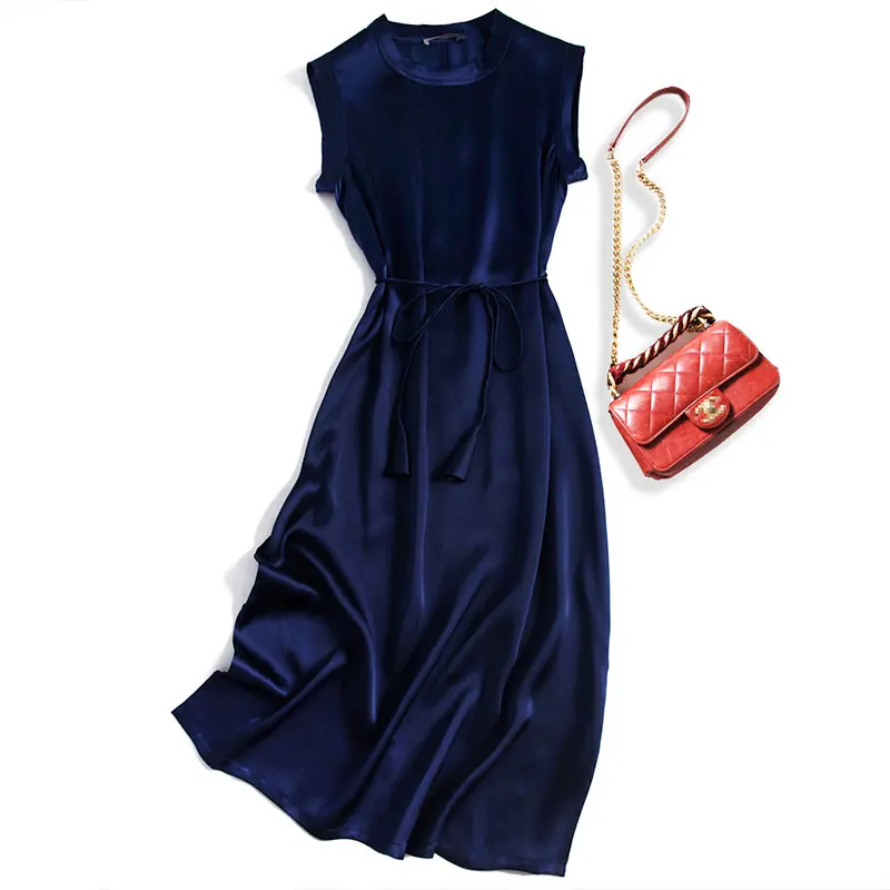 

Оригинальный товар 100 Новинка шелковое тяжелый шелк атласное темно-синее платье без рукавов с широкими бретельками женское весеннее платье