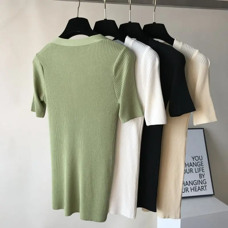 

2021 Summer Thin Tee Silk Ice V-neck Short-Sleeved Knitted T-shirt Women's Button Slim Fit Short Elastic Bottoming Tshirt