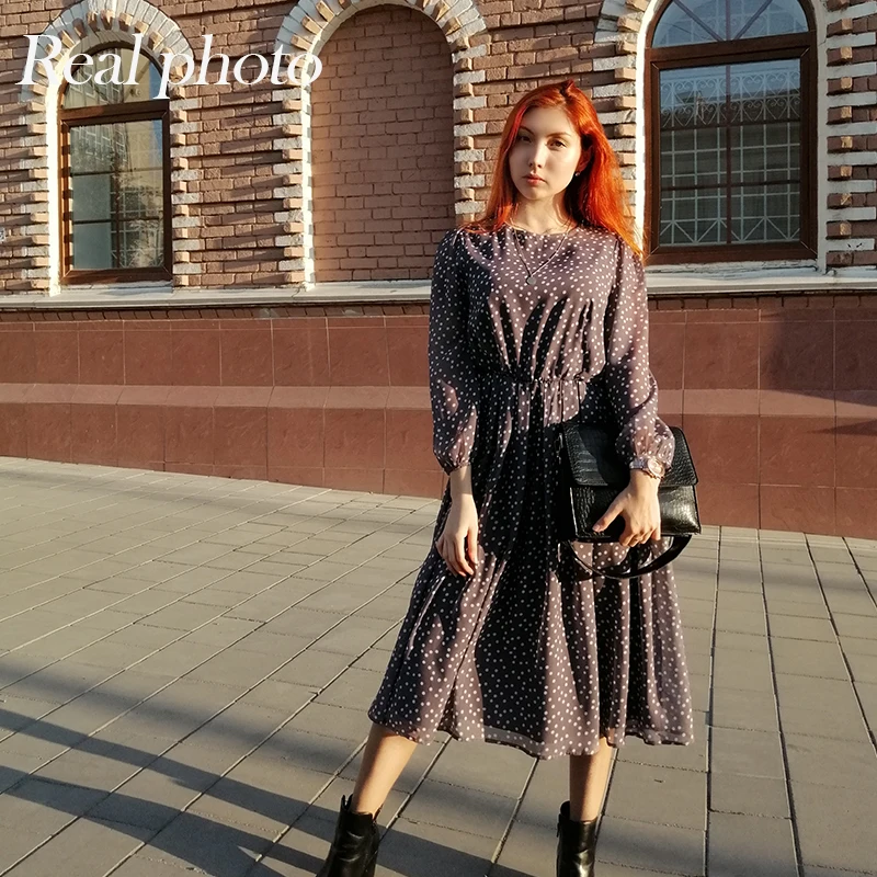 

Elegant Dot Print Long Sleeve Summer Dress Casual O Neck Chiffon A Line Women Sundress Vintage Party Midi Vestidos