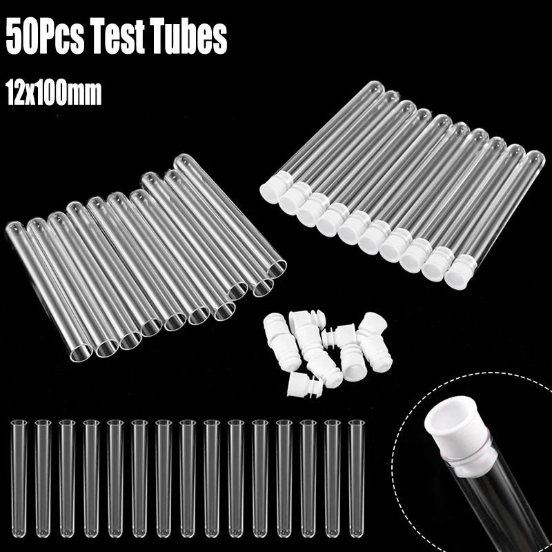 

50Pcs/Pack 12x100mm Transparent Laboratory Clear Plastic Test Tubes Vials With Push Caps School Lab Supplies