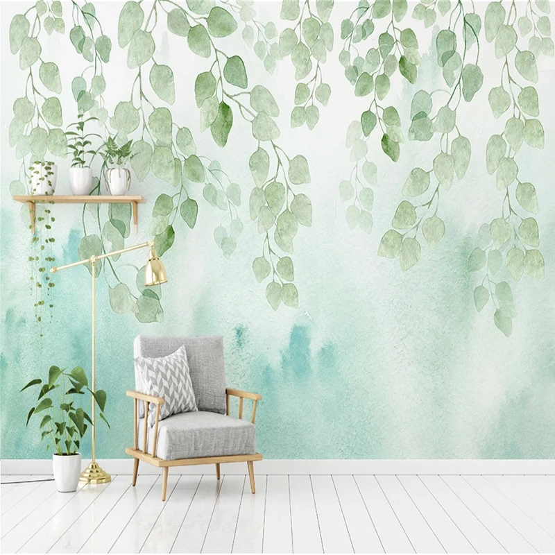 Современные обои с зелеными акварельными листочками 3D в скандинавском стиле для
