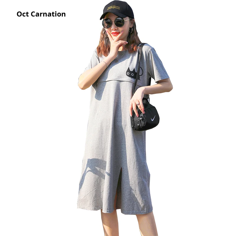 Летние платья для кормящих матерей с коротким рукавом и круглым вырезом серый