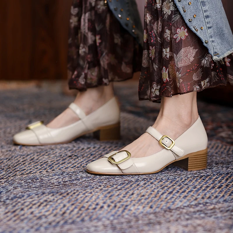 

mary janes Red Shoes Woman Heels Genuine Leather 4.5cm med Heeled Pumps For Women Fashion Wedding Office Lady Women Shoes