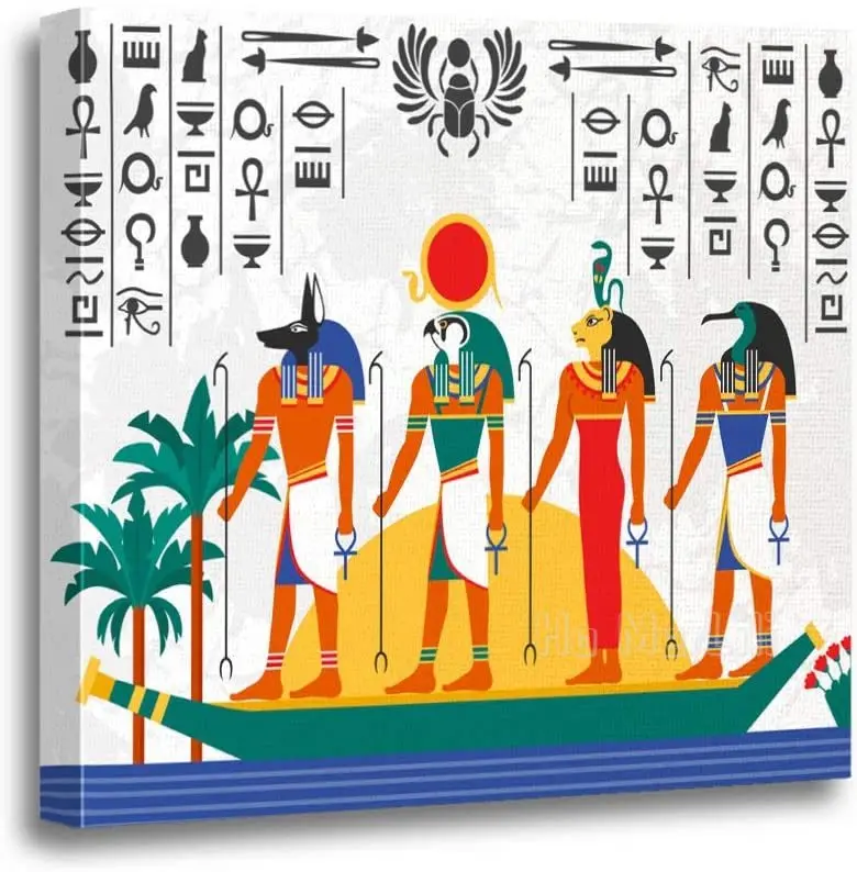 

Canvas Wall Art Painting Flat Colorful Ancient Egyptian Gods In Papyrus Ship House Decorative Artwork Prints