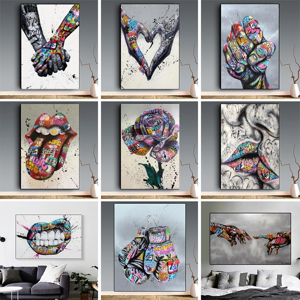 Абстрактная Улица граффити искусство любовь целуи Холст Картина плакаты и