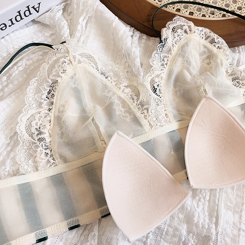 

plush button wire free bra and panty set full lace comfortable sleepwear women sexy underwear Cup triangle bras with thin pad