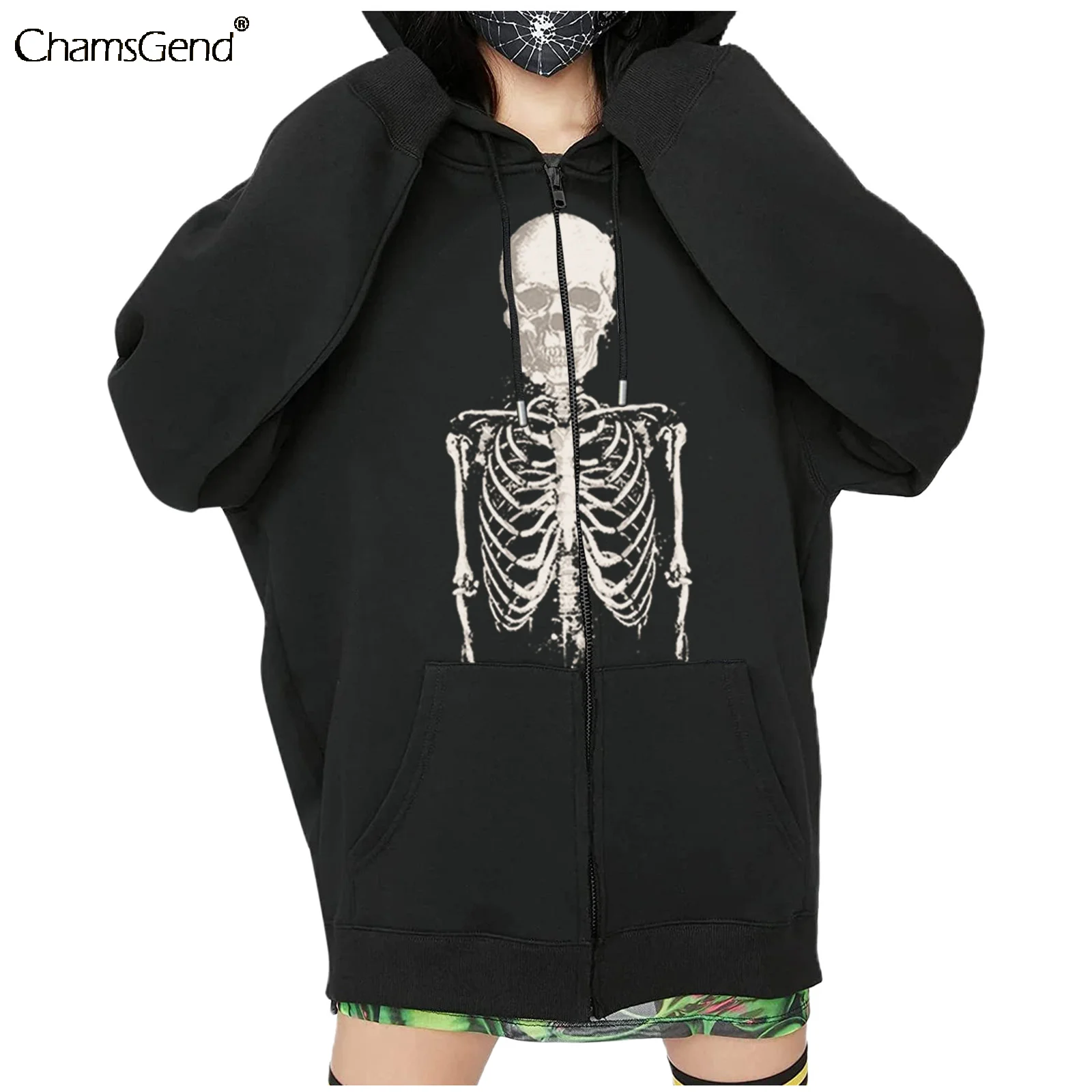 

Hoodies Sweatshirts Punk Gothic Skeletion Print Women's Black Zipper Jacket Winter Warm Coat Woman Girls Slouchy Sweatshirt