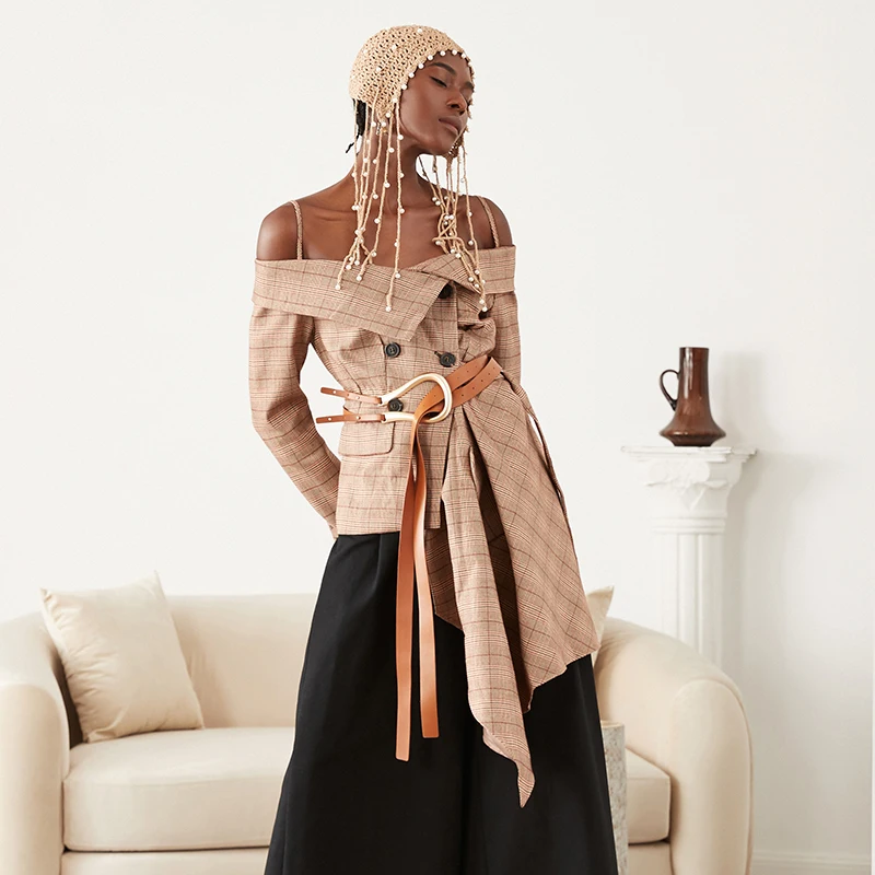 Женский клетчатый Блейзер TWOTWINSTYLE асимметричный блейзер с длинным рукавом и