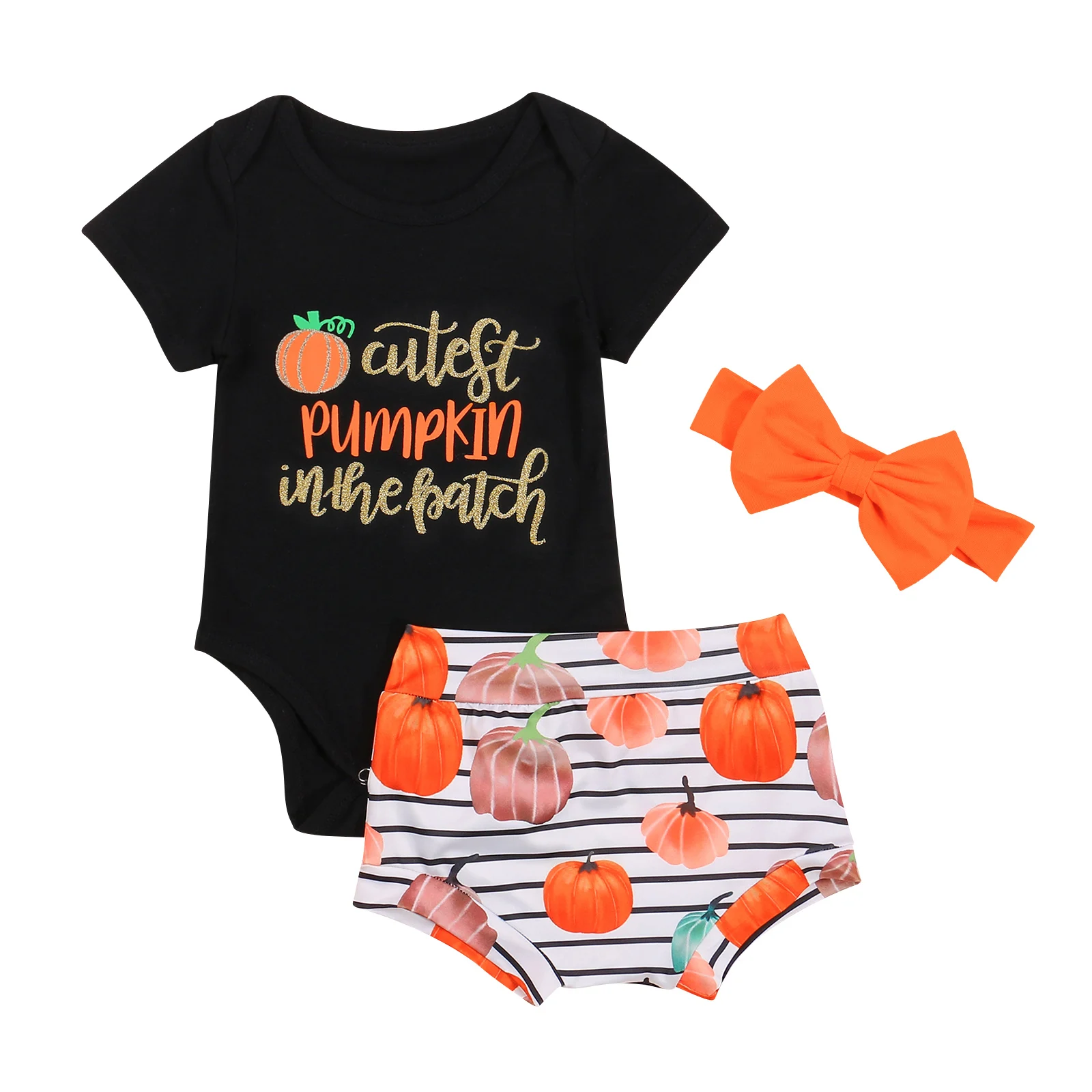 

OPPERIAYA Kids Baby Girls Clothes Casual Set Letter Print Short Sleeve O-neck T-shirt Pumpkin Print Shorts Solid Color Headband