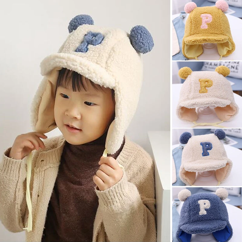 

Winter Warm Baby Boys Letter P Lamb Velvet Earflap Hat Double Pompom Cap Beanies For Kids Toddler Bonnet Eargflap