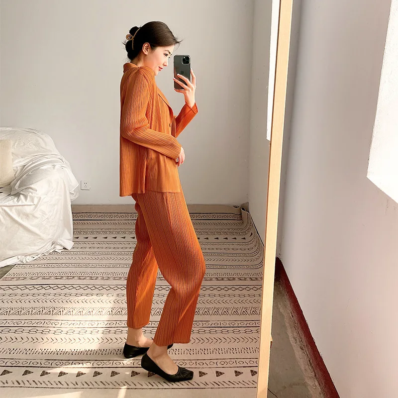 

TVVOVVIN Simple Pleated Two Piece Set Women's 2021 New Korean Fashion British Style Long Sleeve Jacket Casual Pants QY71