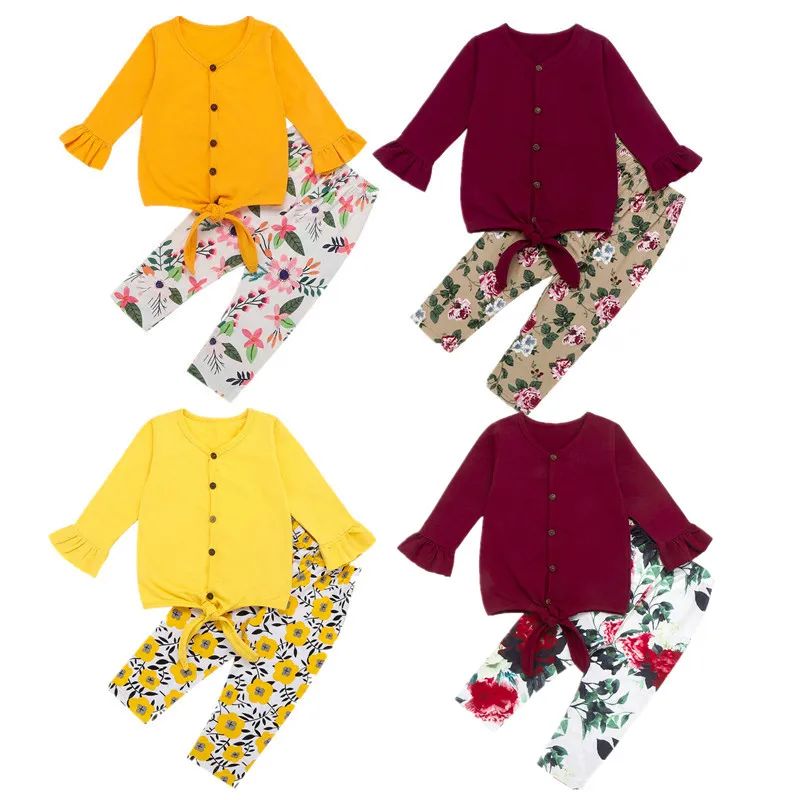 

Toddler Girl Clothes 2020 Spring Newborn Baby Girls lacing Solid Tracksuit Clothes Tops T-Shirt +Floral Pants 2pcs Outfits