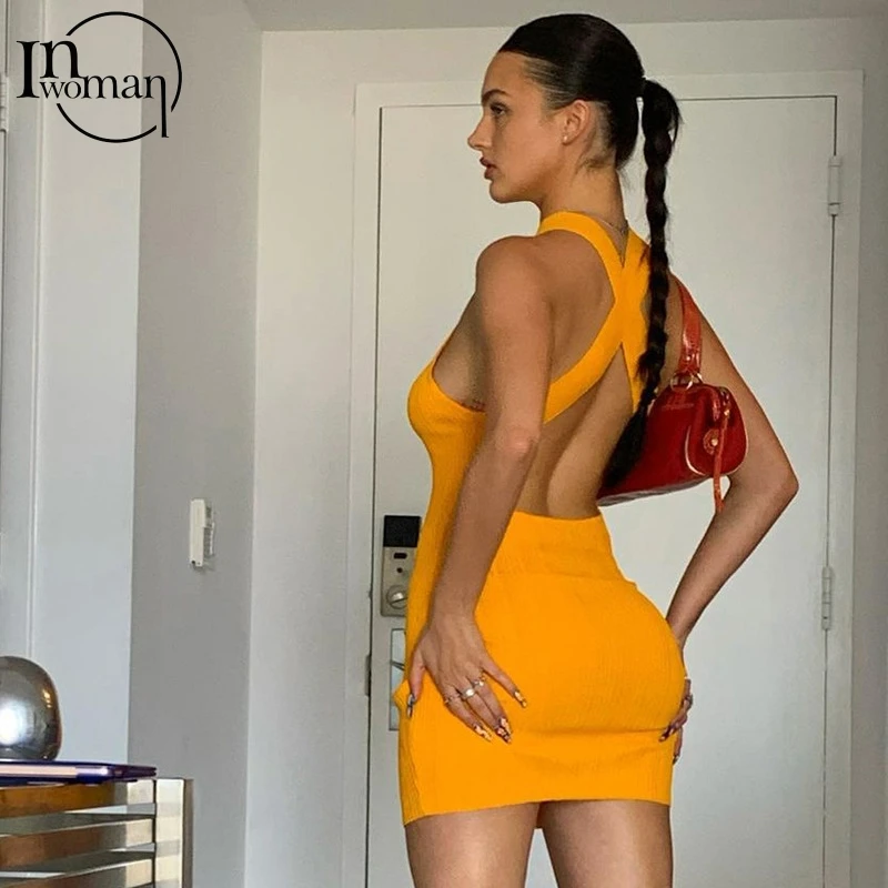 

Inwoman Ribbed Knitted Sexy Bodycon Mini Dress Women Backless Short Wrap Summer Dress Female Yellow Ladies Club Party Dresses