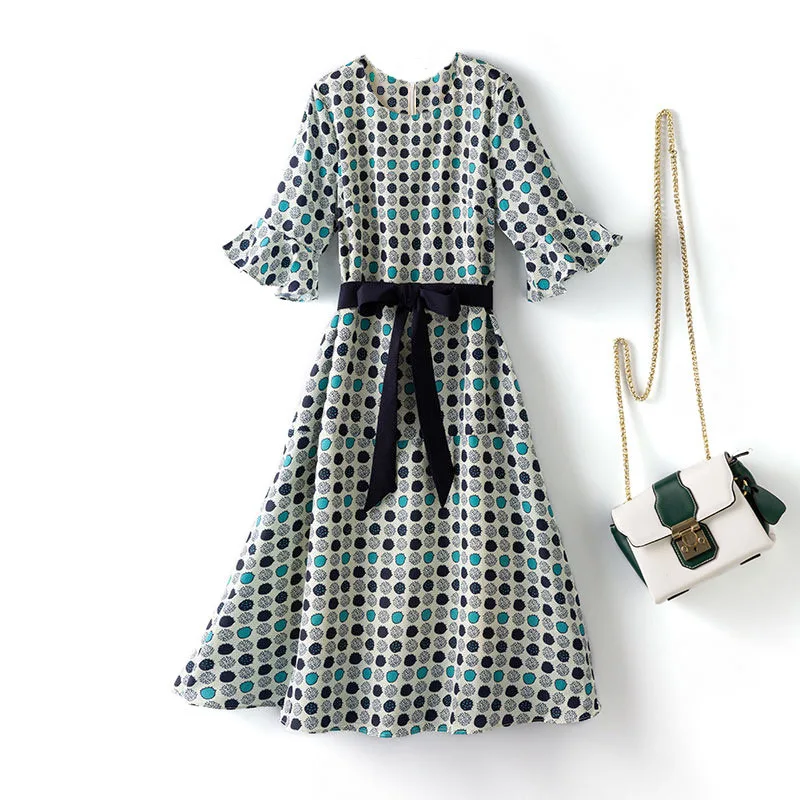 

Silk Dress Fashion Women's Clothing Summer New Slim Wave Point Mulberry Silk Crepe De Chine Commuter Casual Dress