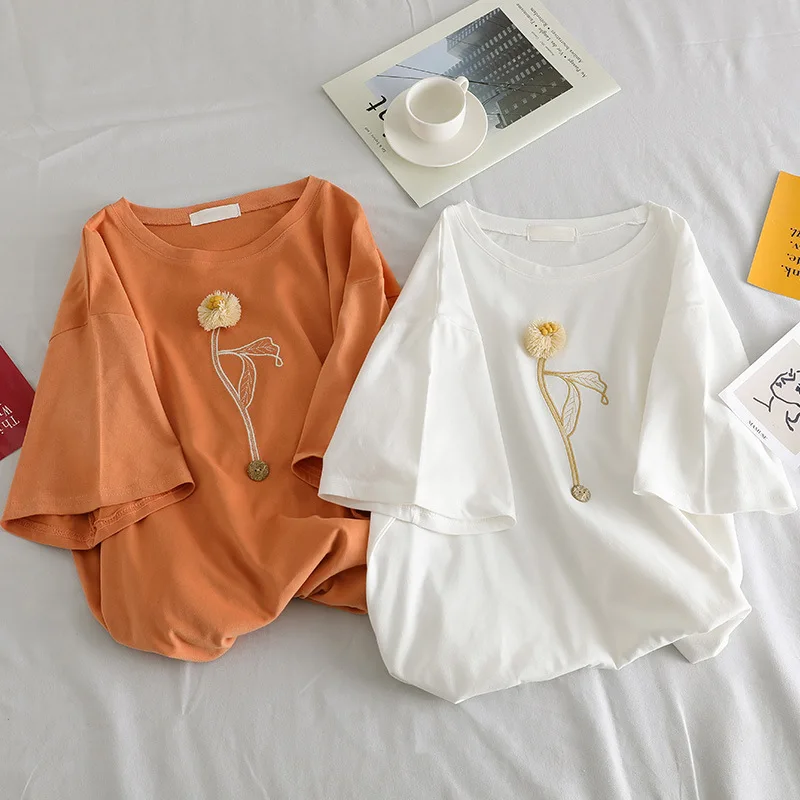 Хлопковая футболка с вышивкой одуванчика женская летняя коротким рукавом для