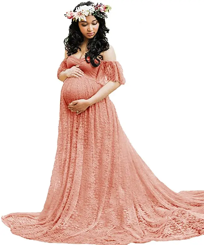 

Womens Off Shoulder Lace Overlay Photography Gown Maternity Maxi Dress Robe Femme Enceinte