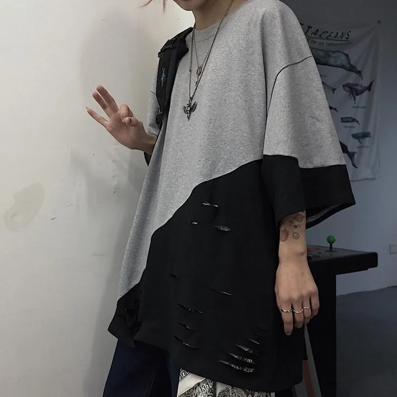 Имитация двух частей футболка с коротким рукавом Лоскутная серая черная длинная