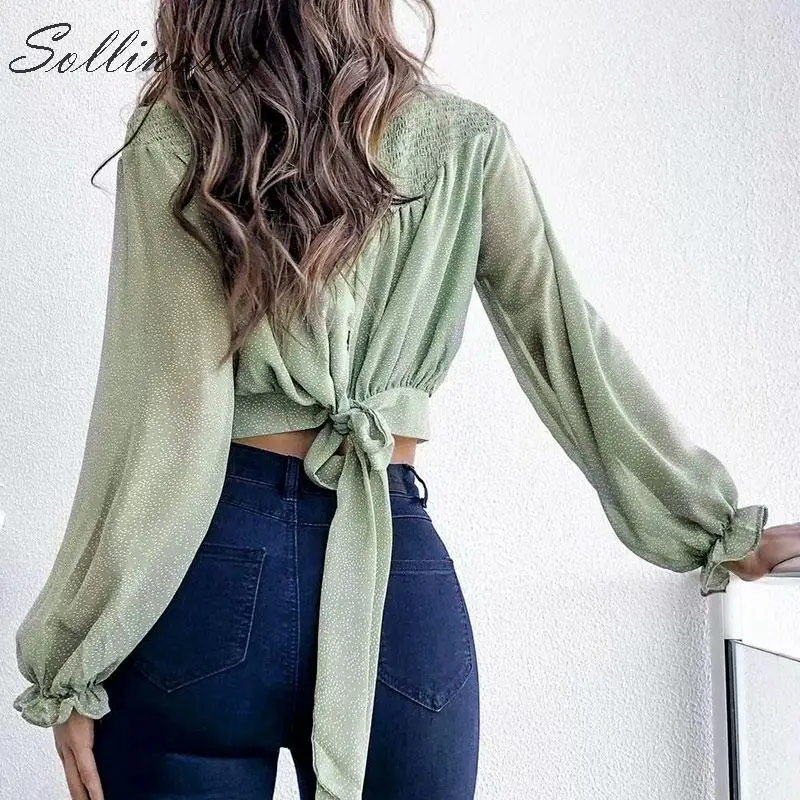 Sollinarry с воротником-стойкой Женский Короткие блузки рубашки 2019 Twist Ruffles осенние