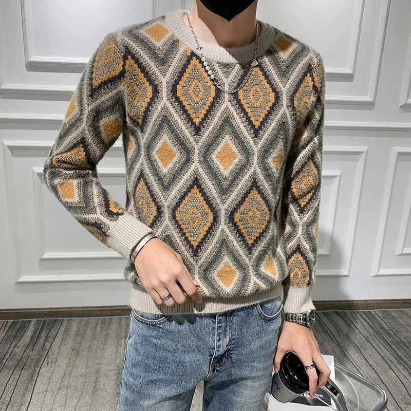 

Осенний свитер для мужчин, вязаный свитер с круглым вырезом, корейский стиль, модный свитер с алмазным принтом, Мужской пуловер, свитер, Pull ...