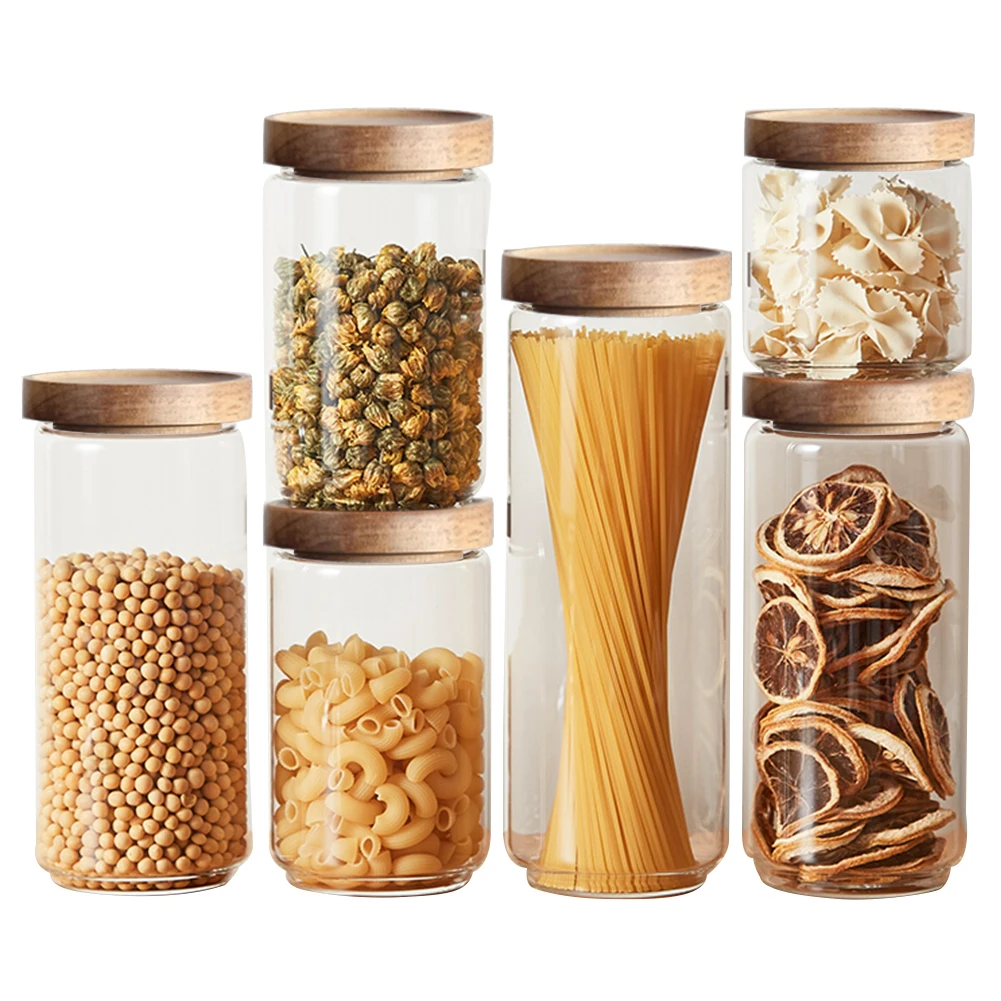 

Food Storage Jar Wood Lid Glass Airtight Canister Kitchen Storage Bottles Jars Food Container Grains Grains Candy Jar Containers