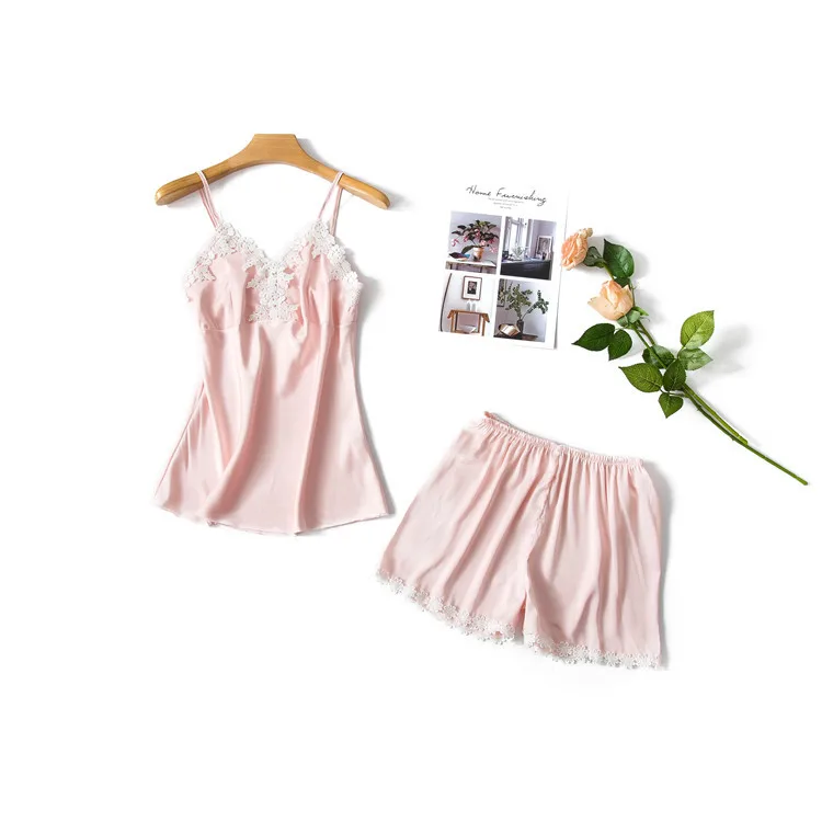 Pijama Mujer HomeWear Women Pajamas Suit Sexy Sleepwear Shortless Sleeve Black Pyjamas with Chest Pad Girl Shorts Lace | Женская одежда