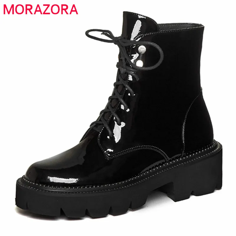 

MORAZORA 2021 Newest Motorcycle Boots Women Platform Shoes Patent Leather Lace Up Fashion Cool Autumn Ankle Boots Women Black