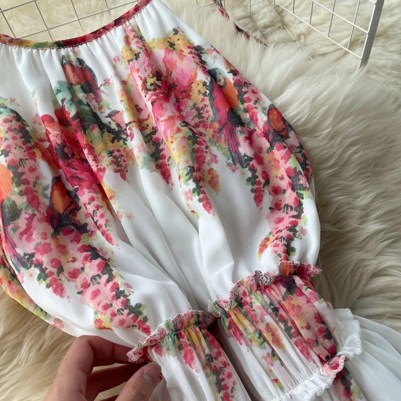 

Summer Dresses For Women 2021 New Harajuku Heavy Industry Printed Scheming Hanging Neck Sling Holiday White Dress Robe Femme