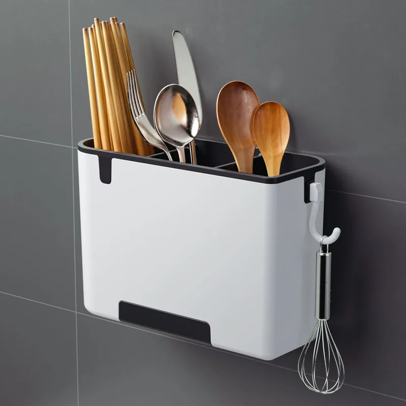 

Kitchen Cutlery Organizer with Hook Spoon Fork Chopstick Drain Storage Holder Tableware Plastic Shelf Box Kitchen Accessories