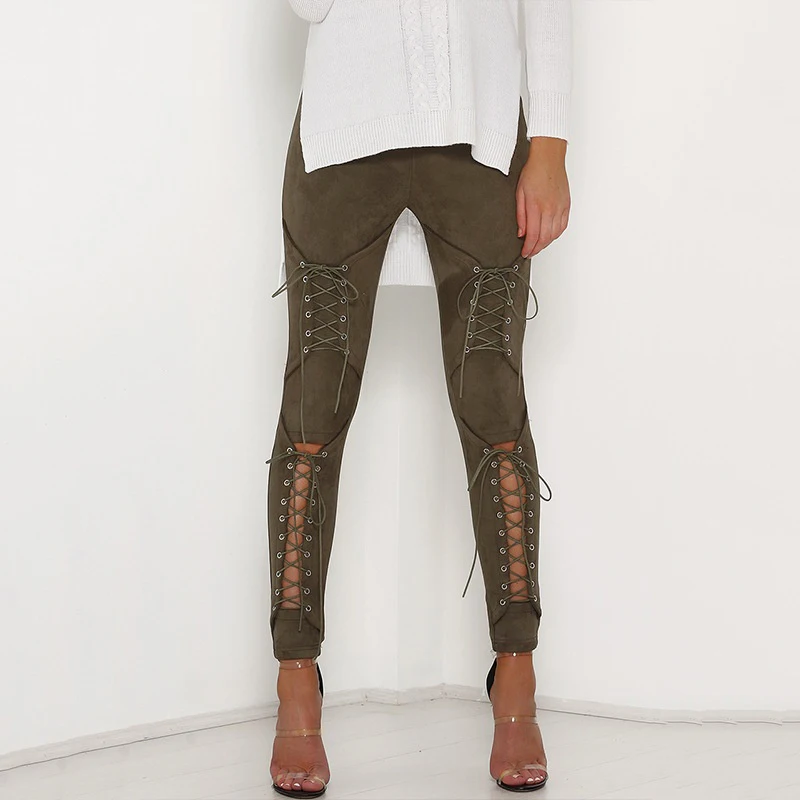 

New Fashion Women Bandage Yoga Pants Lace-Up Women's Pants Suede Leather Pencil Pants Lace Up Cut Out Sportswear Trousers