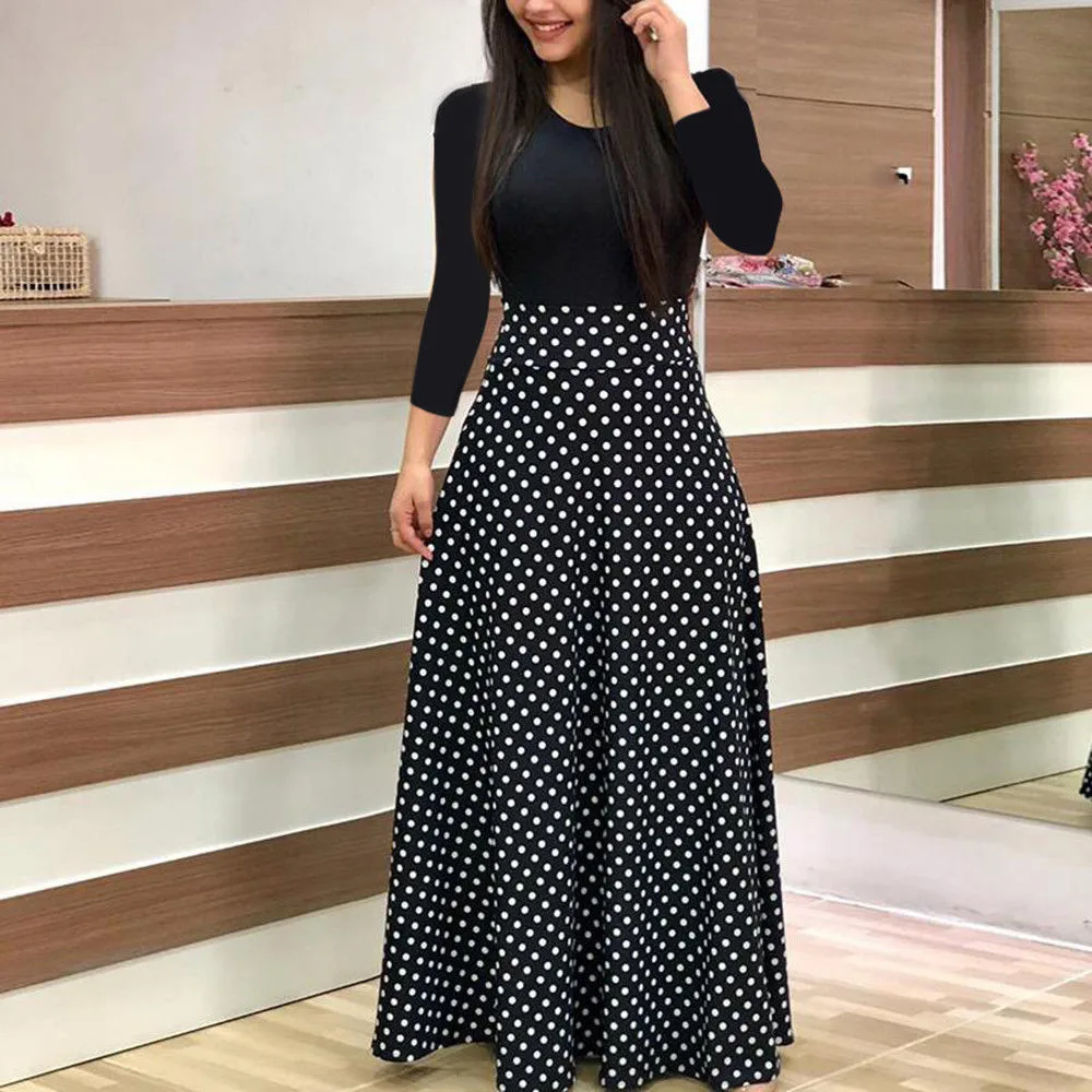 

Fashion Women Polka Dot Long Sleeve Print Patchwork Long Maxi Dress Elegent Ladies Casual Slim Evening Birthday Party Vestidos