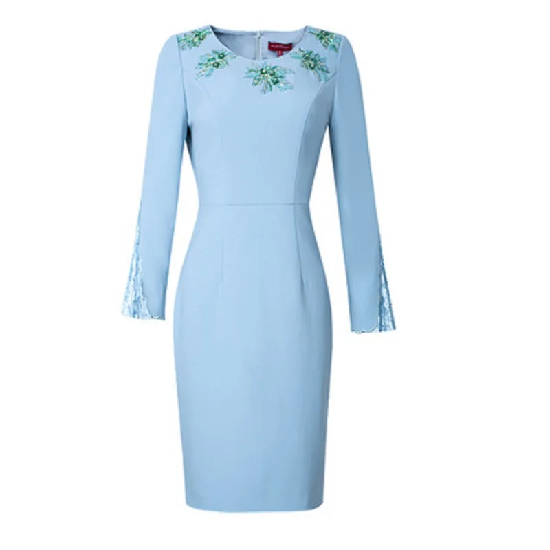 

Fashion Office lady Solid dresses 2020 Autumn Spring casual Embroidery dress women's slim patchwork beading luxury Lace skirt