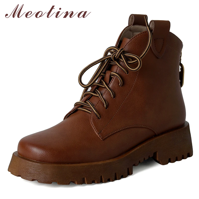 

Женские ботильоны на платформе Meotina, Осенние коричневые ботинки из натуральной кожи на толстом среднем каблуке, со шнуровкой