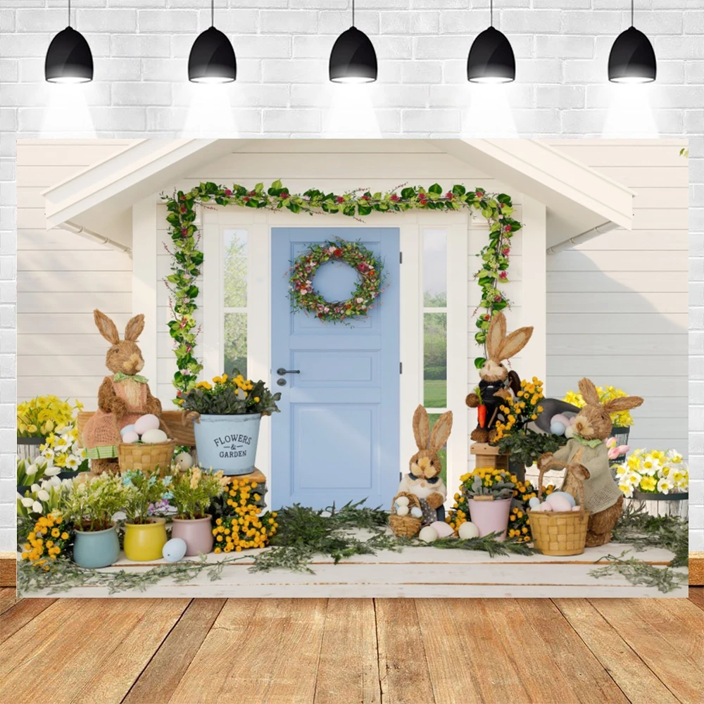 

Фон для студийной фотосъемки с изображением весенних Пасхальных Кроликов цветов деревянной двери