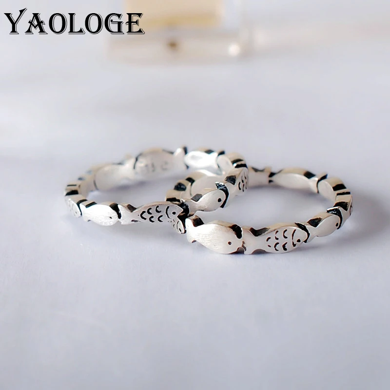

YAOLOGE 925 Sterling Silver Jewelry Retro Cute Small Fish Opening Rings Fashion Trend Creative Adjustable Women Accessories
